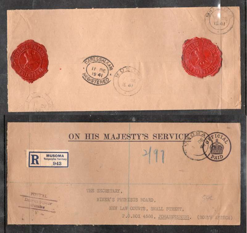 Tanganyika GVIR, DISTRICT OFFICER MUSOMA, > S.Africa, DAR ES SALAAM 11 DE 1942, transit
