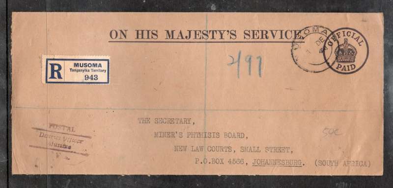 Tanganyika GVIR, DISTRICT OFFICER MUSOMA, > S.Africa, DAR ES SALAAM 11 DE 1942, transit