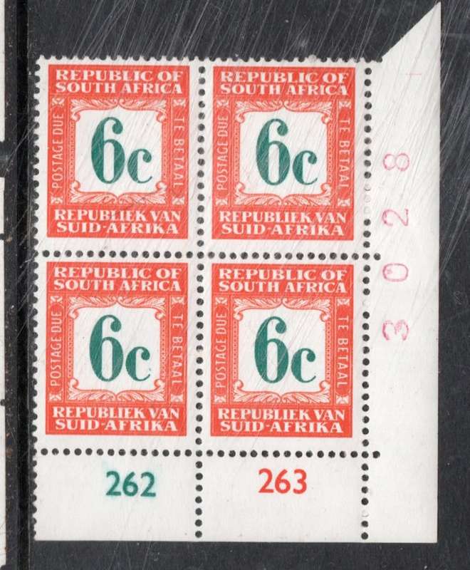 South Africa, 1969 - 71, Postage Due, 6c Control 262, 263, sheet no 3028 MNH **
