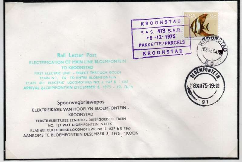 South Africa SAS 413 SAR 8 XII 1975 KROONSTAD PARCELS, BLOEMFONTEIN arrival