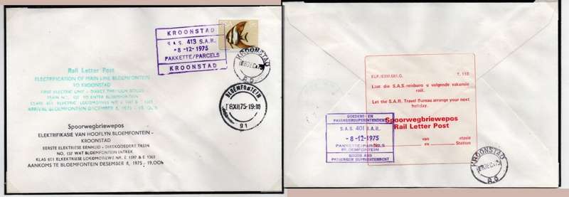 South Africa SAS 413 SAR 8 XII 1975 KROONSTAD PARCELS, BLOEMFONTEIN arrival