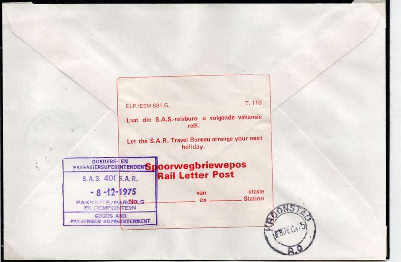 South Africa SAS 413 SAR 8 XII 1975 KROONSTAD PARCELS, BLOEMFONTEIN arrival