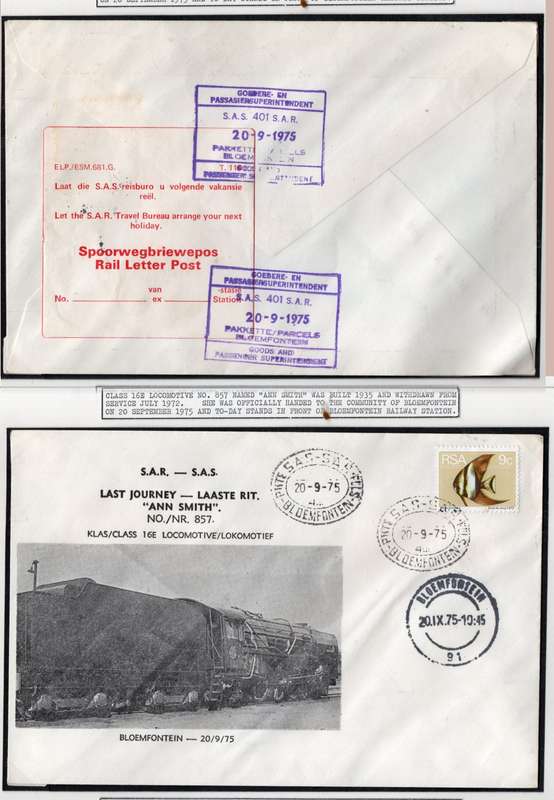 South Africa1st Last journey ANNE SMITH No 857, , BLOEMFONTEIN 20/9/75