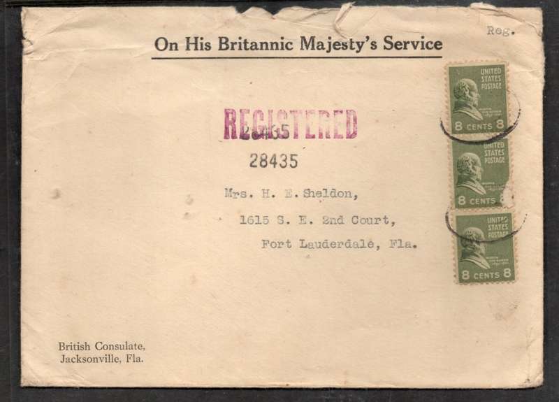 British Consulate, Jacksonville Florida, registered 24c JACKSONVILLE FLA FE 21 1941> FT LAUDERDALE