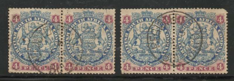 Rhodesia / B.S.A.Co., 1896, 4d, pairs, both shades