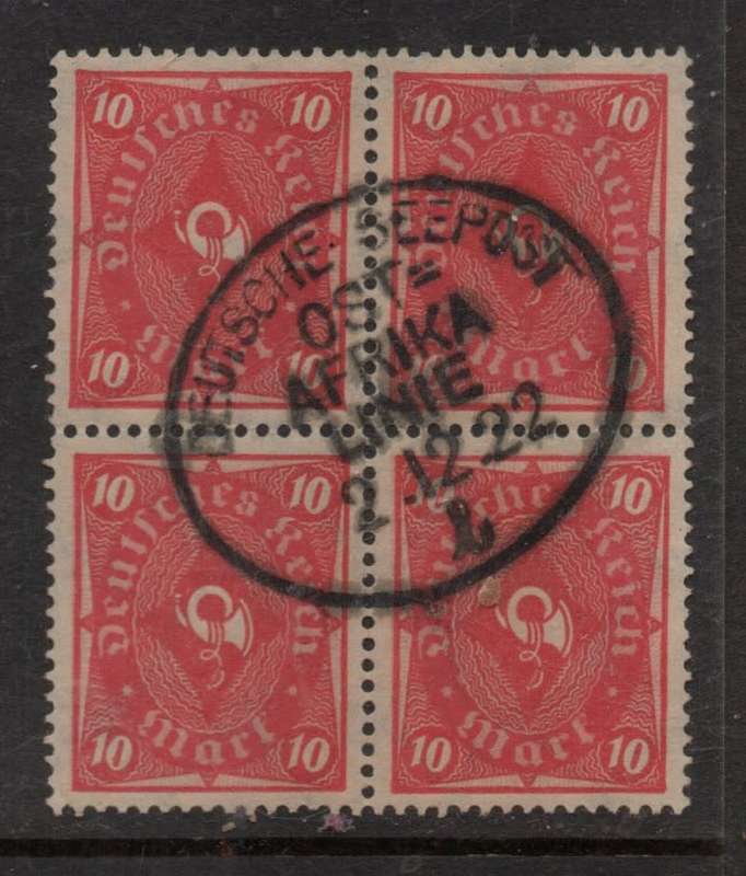 Germany 1922, 10 Mark, block, used DEUTSCHE SEEPOST OST AFRIKA LINIE 2.12.22