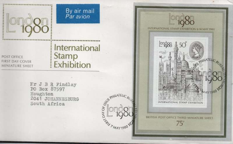 Great Britain EIIR FDCs, London Stamp Exnibitionx 1980 miniature sheet7 MAY 1980 > S.Africa