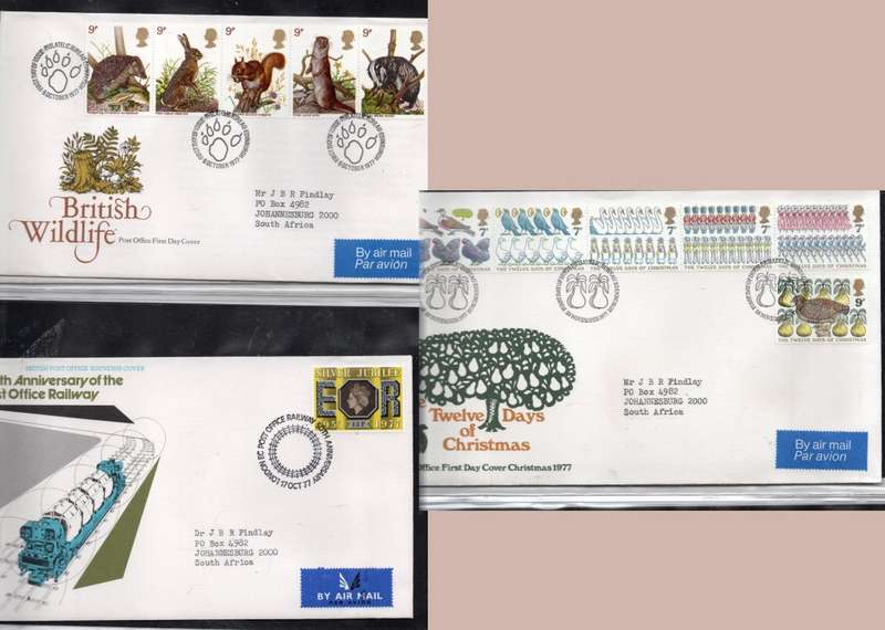 Great Britain EIIR FDCs, 1977 Wildlife, Post Office Railway50th Anniversary, Christmas