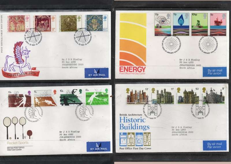 Great Britain EIIR FDCs, 1976 Christmas, 1977 Raquets, 1978 Historic Buildings, Energy