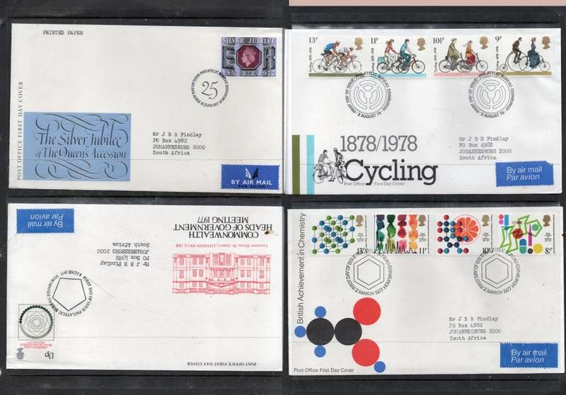 Great Britain EIIR FDCs, 1977Silver Jubilee,, CW Heads meeting, 1978 C hemistry, Cycling