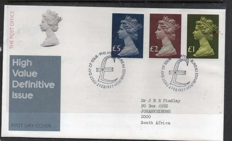 Great Britain EIIR FDC new definitives: 1977 £1, £2, £5 > S.Africa