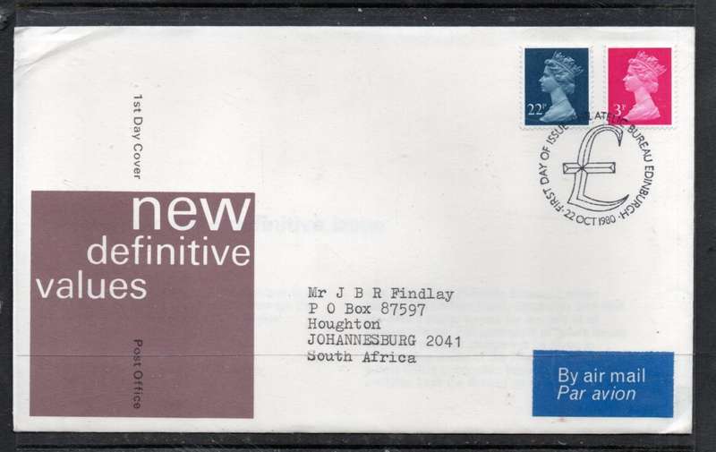 Great Britain EIIR FDC new definitives: 1980, 22p, 3pp > S.Africa