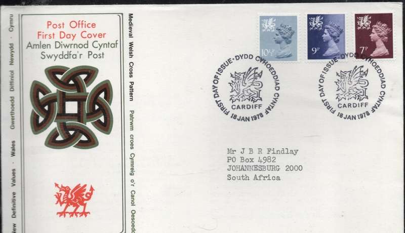 Great Britain EIIR FDC new definitives: Wales 1978: 10 1/2p. 9p, 7p > S.Africa