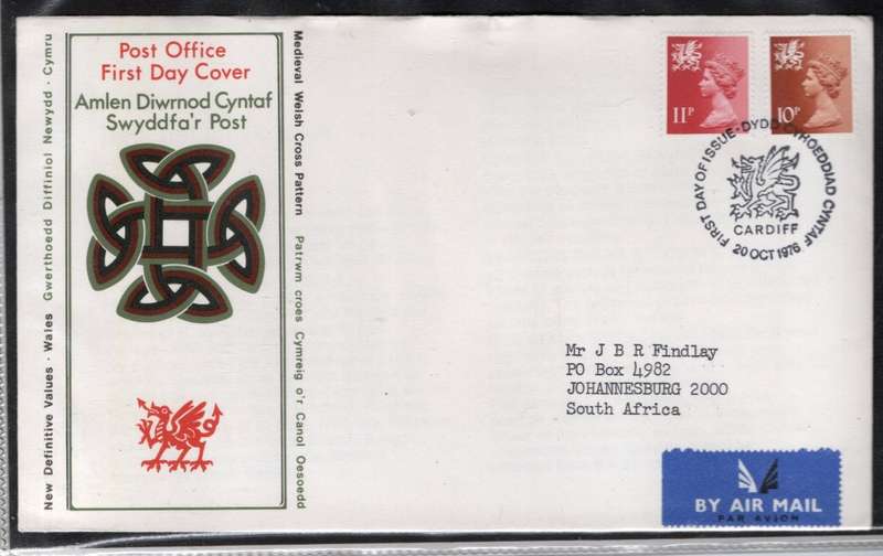 Great Britain EIIR FDC new definitives: Wales 1978: 11p, 10p > S.Africa