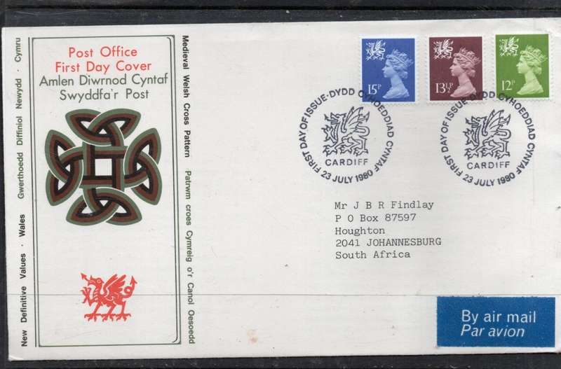 Great Britain EIIR FDC new definitives: Wales 1980: 15p, 13 1/2p, 12p> S.Africa