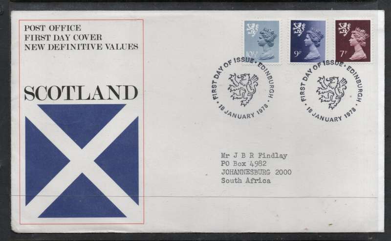 Great Britain EIIR FDC new definitives: Scotland 1979: 10 1/2p, 9p, 7p> S.Africa