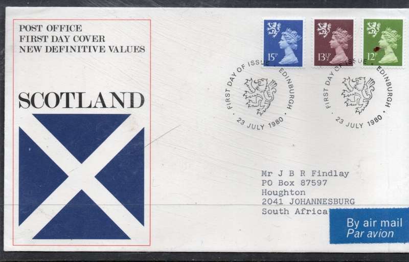 Great Britain EIIR FDC new definitives: Scotland 1979: 15p, 13 1/2p. 12p> S.Africa