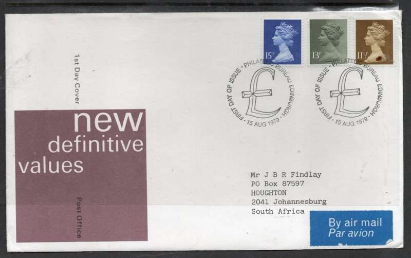 Great Britain EIIR FDC new definitives1979, 15p, 13p, 11 1/2p p> S.Africa