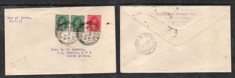India, GVIR, First Day Cover, 9pies, iAnna,,CHURCHGATE BOMBAY 23 AUG 37 > S.Africa