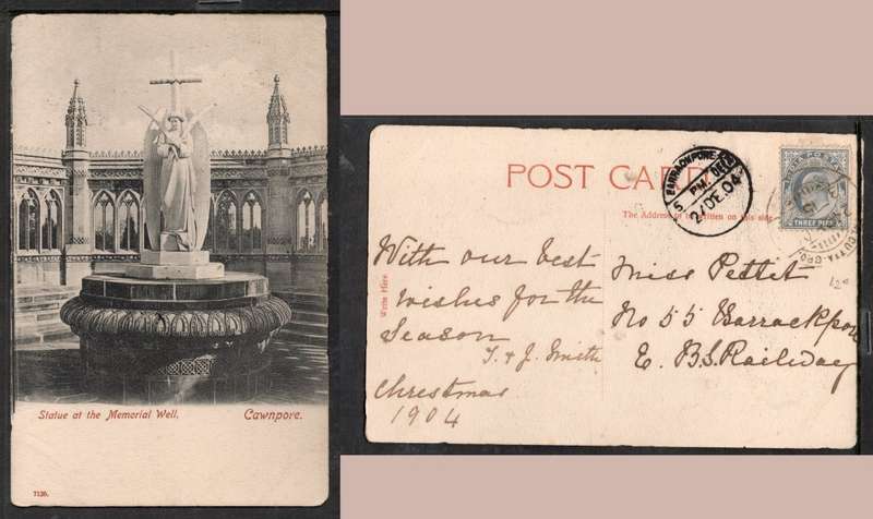 India, PPC Memorial Well, Cawnpore, used 3pies,  CALCUTTA 24 DEC 04 > BARRACKPORE