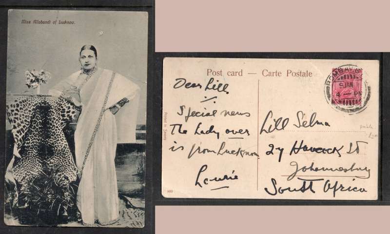 India, PPC Miss Allabandi, Lucknow used 1a, BOMBAY 9 JA 14 >S.Africa