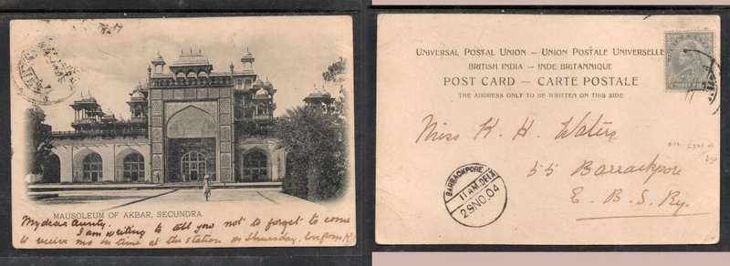 India, PPC, Secundra, Akbar Mauseleum, used  9 pies >BARRACKPORE 29 NOV 04D
