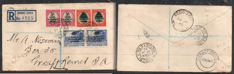 Kenya Uganda Tanganyika, opt on S.Africa, 5c, 10c, 20c, NAIROBI  29 JAN 42 > GRAAF REINET, MOMBASA