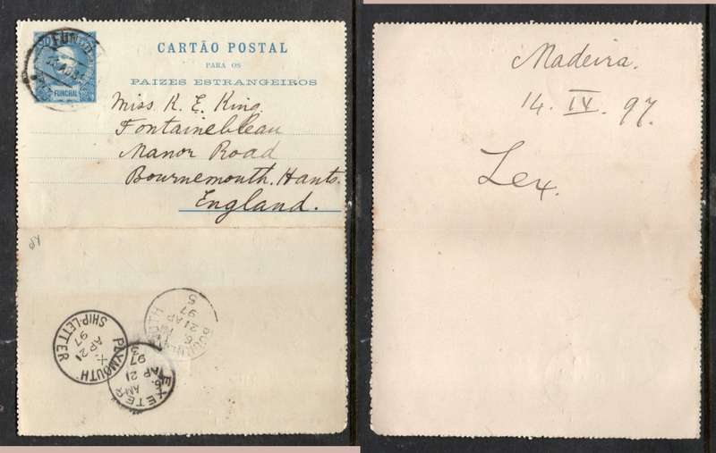 Portugal, Madeira, Funchal, 50Reis Letter card, FUNCHAL14 AP 97, PLYMOUTN SHIP LETTERAPR 21 97