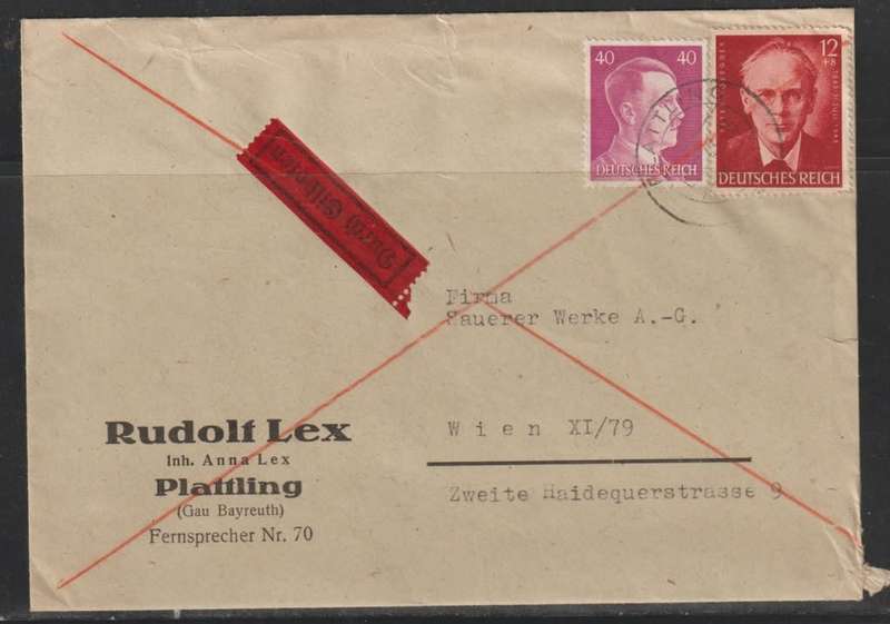 Germany 40pf Hitler and 12pf Peter Rosseger PLATTILING c.d.s. Vienna