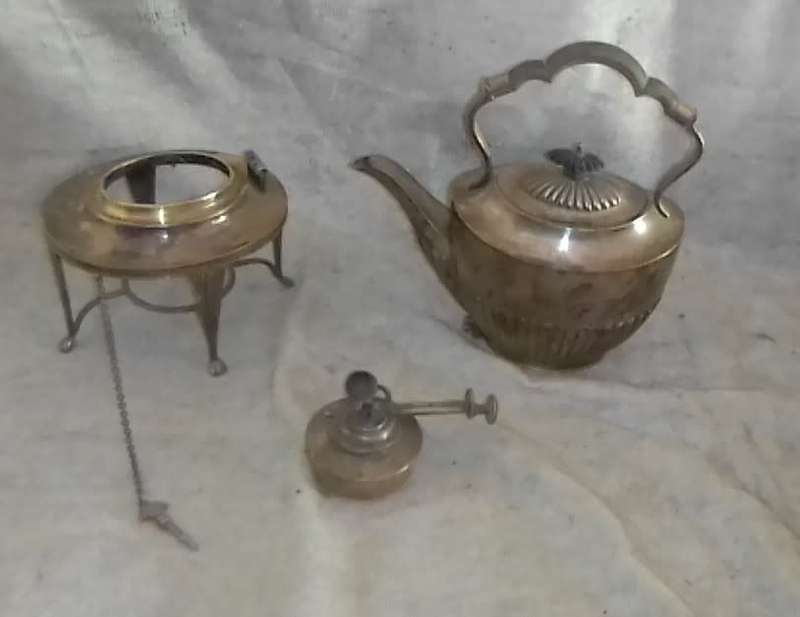 Mappin & Webb, plate, , tilting tea pot on stand with spirit  burner