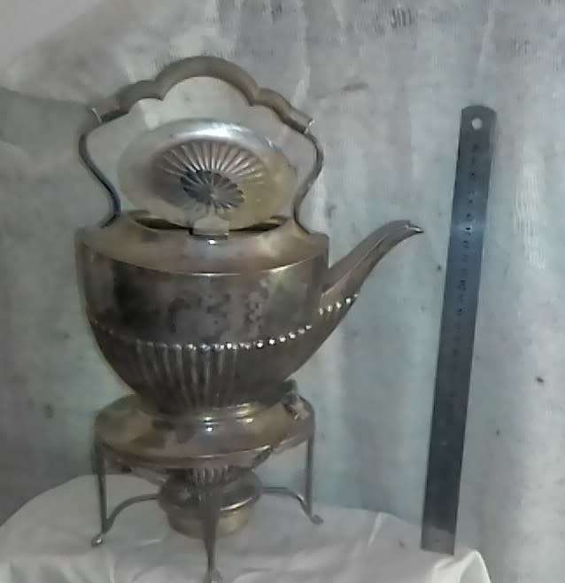 Mappin & Webb, plate, , tilting tea pot on stand with spirit  burner