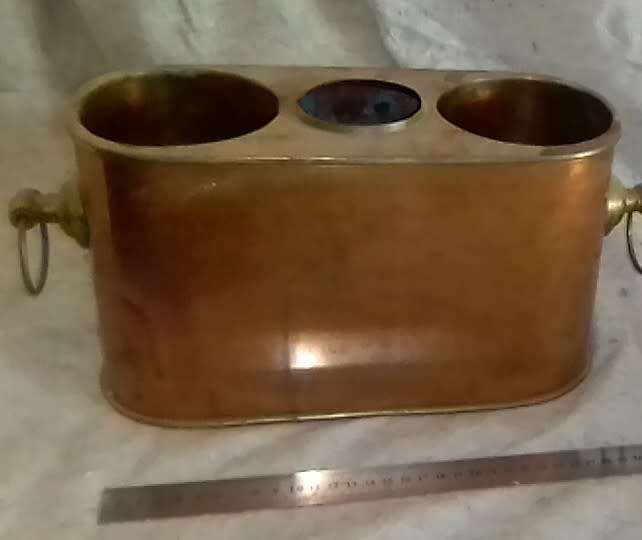 Two bottle wine cooler (ice), copper body, brass handles
