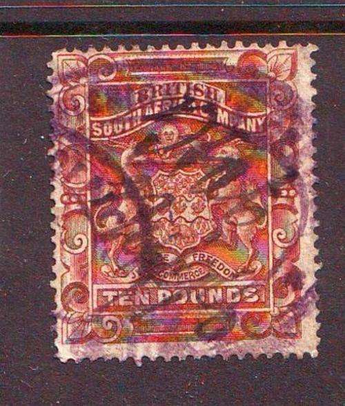 Southern Rhodesia BSACo., 1892,  10 Pounds fiscally used.