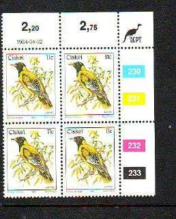 SOUTH AFRICA CISKEI BIRD DEFINITIVE 1984 , 11C ORIOLIUS LARVATUS, control block of 4