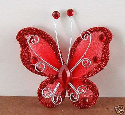 RED   Jewelled  Wire Tulle Butterflies