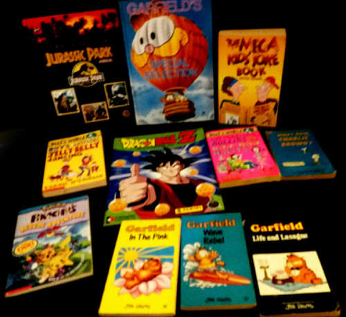Children`s collection 11 books: Garfield, Jurassic Park, Pokemon, Charlie Brown, Dragonball Z, etc.
