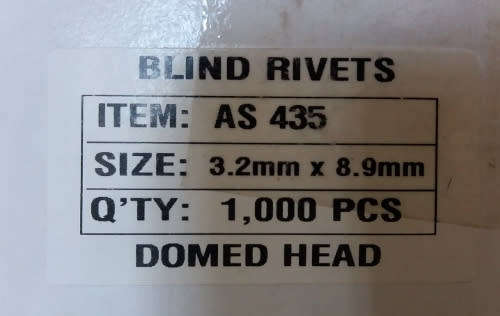Pop Rivets 3.2 mm x  8.9 mm - (Blind) Domed Head 1000 pieces item AS435
