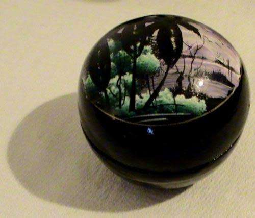 Small black bamboo/wood japanned spherical trinket/jewellery box