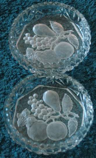 Cut glass nut / sweet bowls - fruit design with ruffled edges