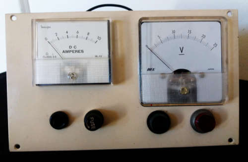 Panel with analogue DC Amperes 0-10A Current meter & DC 0-25V meter - needs to be rewired & mounted