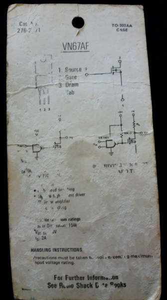 Radio Shack Archer #276-2071 VMOS POWER FET VN67AF - Case: TO-202AA - New old discontinued stock