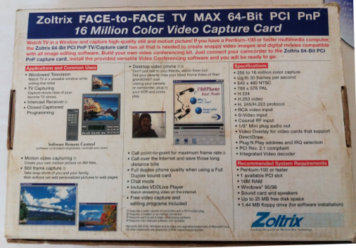 Zoltrix Face-to-Face TV Max 64-bit PCI PnP 16 million colour video capture card for Windows 95/98