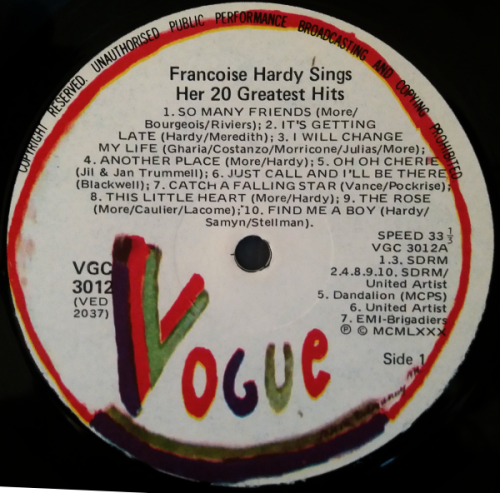 Francoise Hardy  Sings Her 20 Greatest Hits lp/vinyl 1980 ( NM-/ G+)