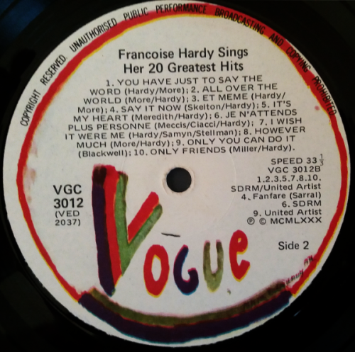 Francoise Hardy  Sings Her 20 Greatest Hits lp/vinyl 1980 ( NM-/ G+)