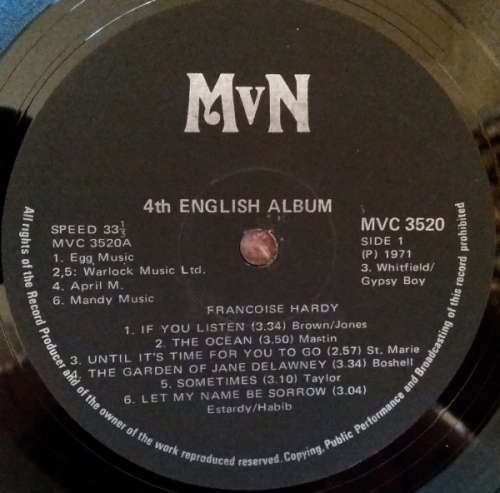 Francoise Hardy - 4th English album lp/vinyl 1971 ( VG+/VG+)