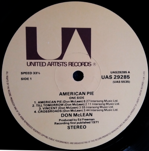 Don McLean - American Pie Lp Vinyl - Import UK 1971 first recording ( vinyl VG)