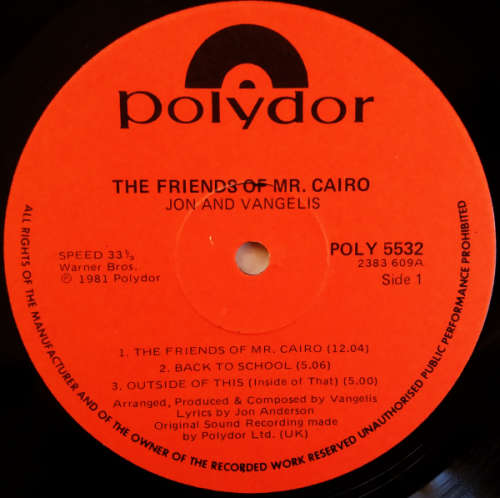 Jon and Vangelis - The friends of Mr. Cairo vinyl lp released 1981 (G-/G-)