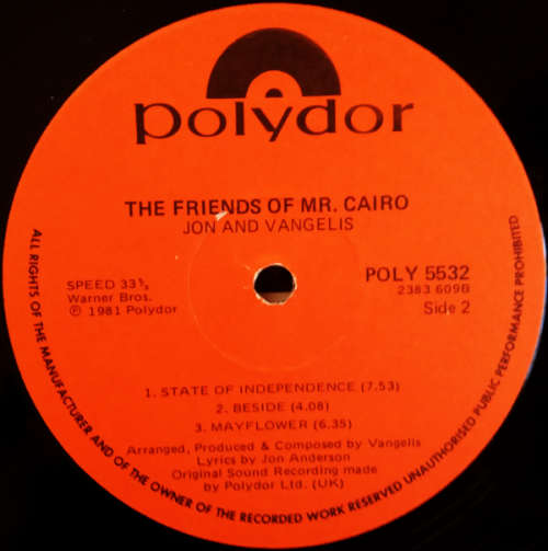 Jon and Vangelis - The friends of Mr. Cairo vinyl lp released 1981 (G-/G-)