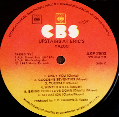Yazoo Upstairs at Eric`s vinyl lp - Misprint issue 1982