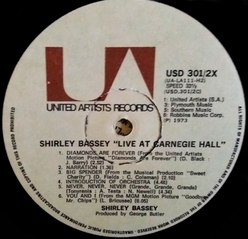 Shirley Bassey - Live At Carnegie Hall - Double vinyl LP Record (G-/G)